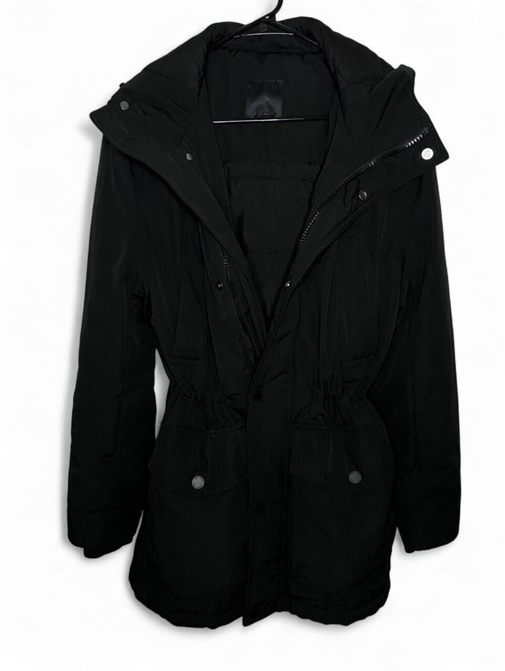 H&M Padded Winter Parka Coat Cinched Waist Hooded Black